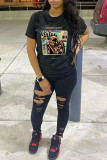 Black Fashion Casual Print Basic O Neck T-Shirts