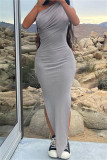 Blue Fashion Sexy Solid Slit Oblique Collar Long Dress