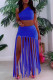 Blue Fashion Sexy Solid Tassel Backless One Shoulder Sleeveless Two Pieces