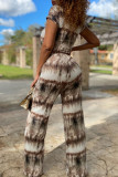 Brown Fashion Casual Tie Dye Bandage O Neck Short Sleeve Two Pieces