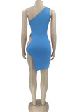 Blue Sexy Solid Hollowed Out Patchwork Oblique Collar Pencil Skirt Dresses