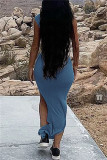 Blue Fashion Sexy Solid Slit Oblique Collar Long Dress
