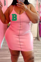 Pink Fashion Sexy Plus Size Letter Backless V Neck Sling Dress