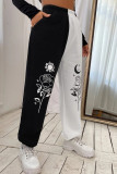 Black White Fashion Casual Print Patchwork Regular High Waist Trousers