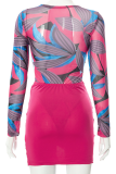 Rose Red Sexy Print Patchwork O Neck Long Sleeve Two Pieces