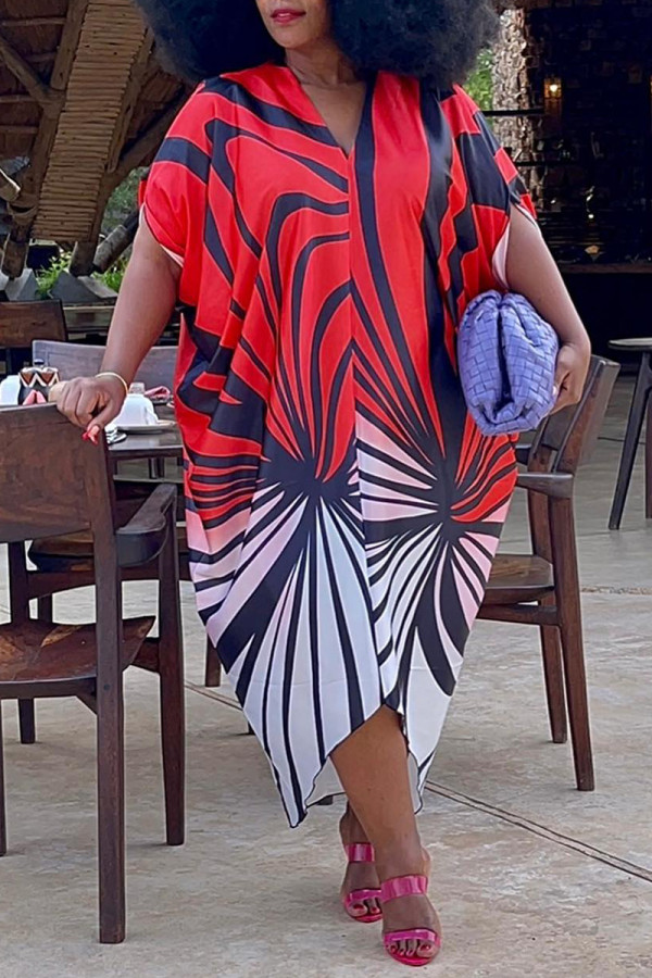 Red Casual Bohemian Vintage Vacation Color Lump Geometric Printing V Neck Printed Dress Dresses