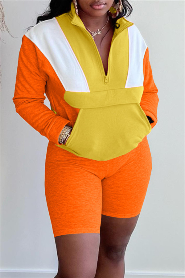 Orange Fashion Casual Solid Patchwork Zipper Collar Long Sleeve Two Pieces