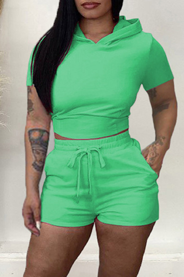 Green Fashion Casual Solid Bandage Backless Hooded Collar Short Sleeve Two Pieces