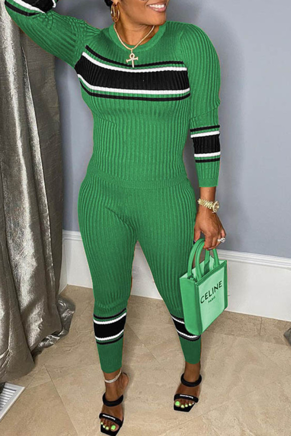Green Fashion Casual Patchwork Basic O Neck Long Sleeve Two Pieces