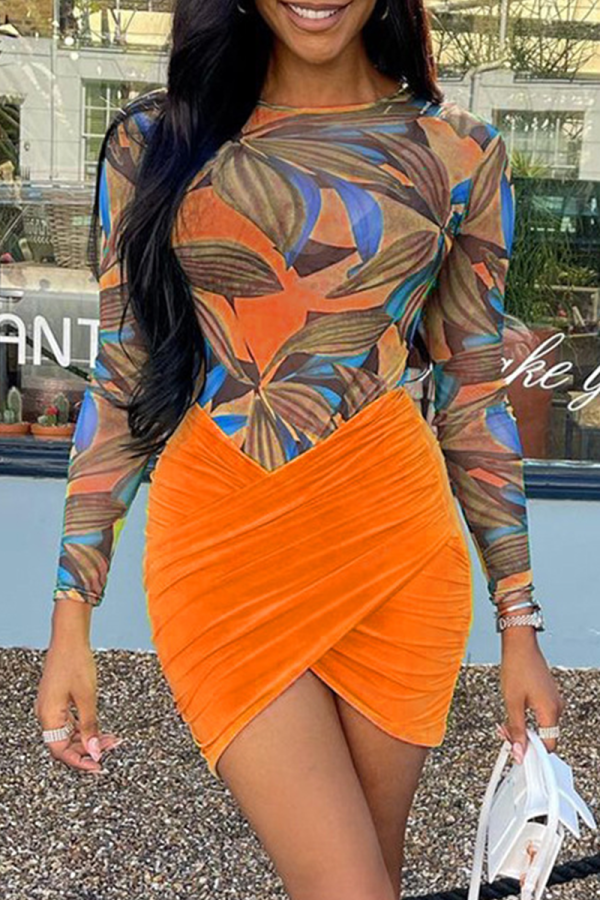 Tangerine Red Sexy Print Patchwork O Neck Long Sleeve Two Pieces
