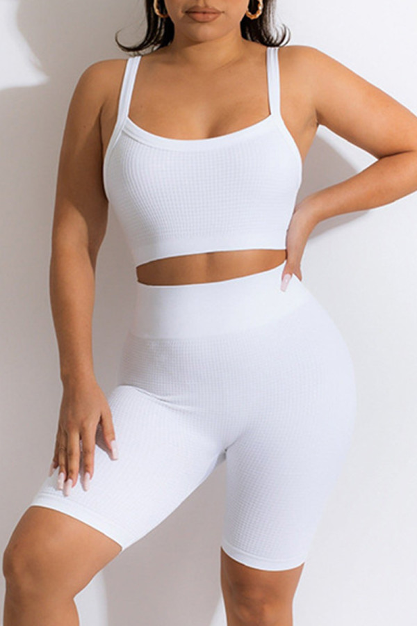 White Casual Sportswear Solid Backless Spaghetti Strap Sleeveless Two Pieces