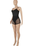 Rose Red Sexy Solid Patchwork See-through Spaghetti Strap Sleeveless Two Pieces