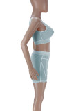Light Blue Sexy Solid Split Joint See-through U Neck Sleeveless Two Pieces