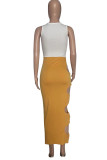 Yellow Sexy Solid Hollowed Out Patchwork Frenulum V Neck One Step Skirt Dresses