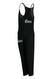Blue Sexy Casual Letter Print Backless Spaghetti Strap Regular Jumpsuits