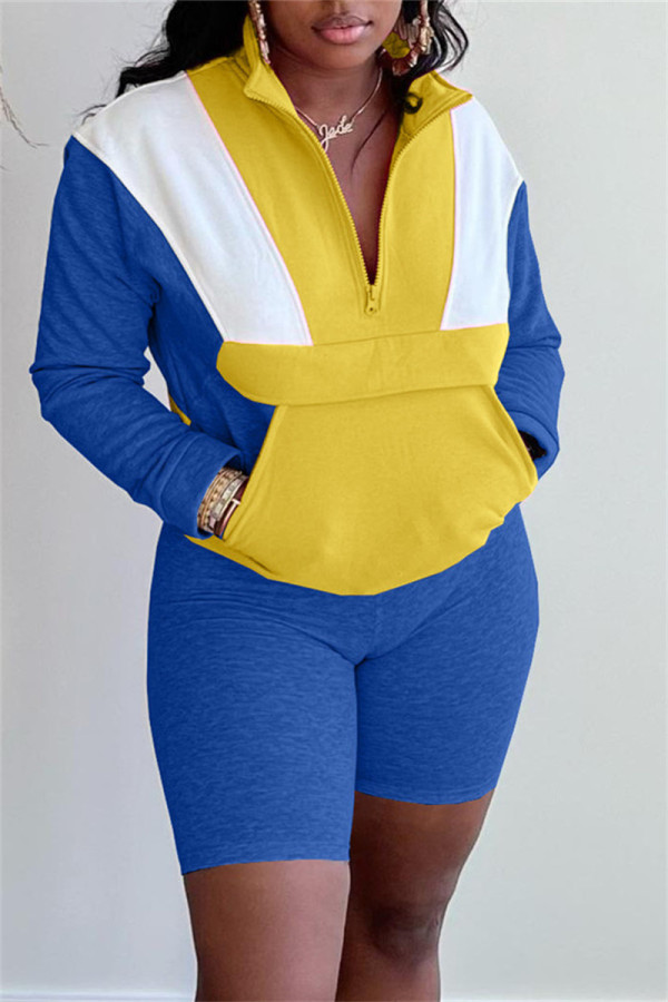 Blue Fashion Casual Solid Patchwork Zipper Collar Long Sleeve Two Pieces