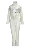Blue Fashion Casual Solid Tassel Patchwork Turndown Collar Regular Jumpsuits