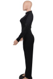 Black Elegant Solid Split Joint O Neck Straight Jumpsuits