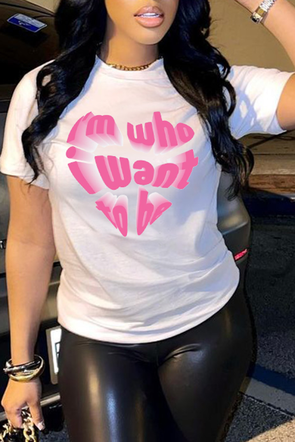 White Fashion Cute Print Patchwork Letter O Neck T-Shirts