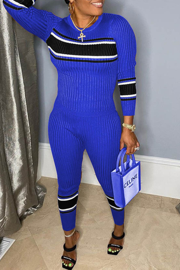 Blue Fashion Casual Patchwork Basic O Neck Long Sleeve Two Pieces