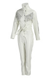 Blue Fashion Casual Solid Tassel Patchwork Turndown Collar Regular Jumpsuits