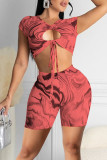Tangerine Red Sexy Print Hollowed Out Patchwork Frenulum O Neck Short Sleeve Two Pieces