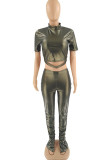 Coffee Sexy Solid Patchwork Turtleneck Short Sleeve Two Pieces