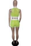 Yellow Sexy Casual Patchwork Solid See-through Mesh Turndown Collar Sleeveless Two Pieces