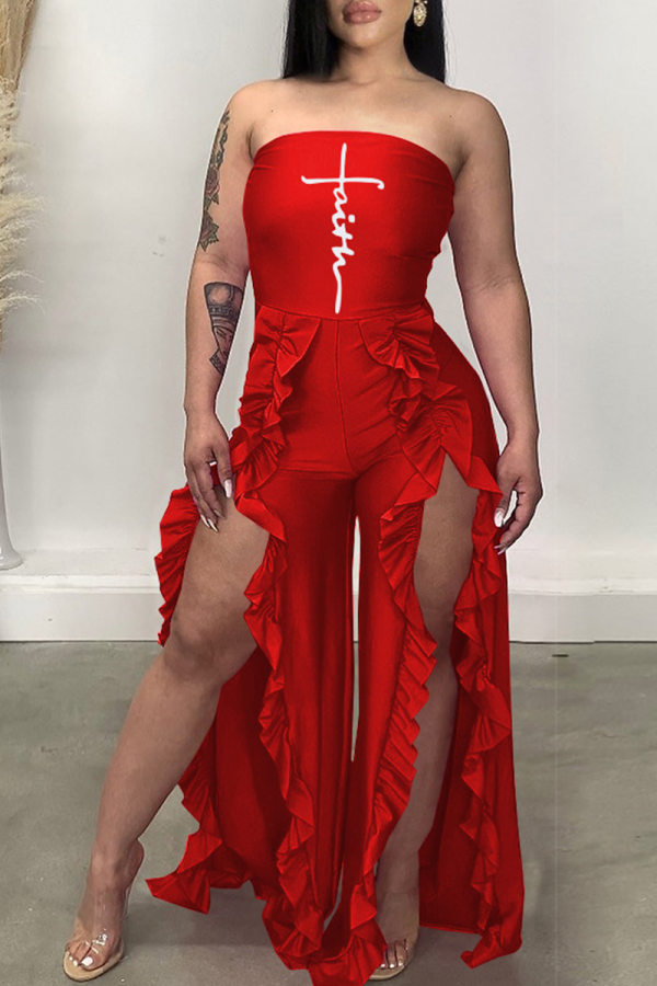 Red Sexy Print Flounce Strapless Boot Cut Jumpsuits