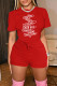 Red Fashion Casual Print Letter O Neck Short Sleeve Two Pieces