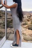 Blue Fashion Sexy Solid Slit Oblique Collar Long Dress