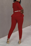 Tangerine Red Casual Solid Flounce V Neck Long Sleeve Two Pieces without Belt