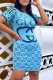 Blue Fashion Casual Print Letter O Neck One Step Skirt Dresses