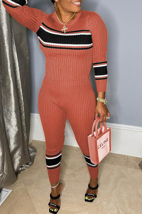 Brick Red Fashion Casual Patchwork Basic O Neck Long Sleeve Two Pieces