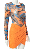 Rose Red Sexy Print Patchwork O Neck Long Sleeve Two Pieces