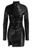 Black Fashion Sexy Solid Patchwork Slit Half A Turtleneck Long Sleeve Dresses