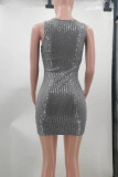 Gold Fashion Sexy Solid Sequins Split Joint O Neck Vest Dress
