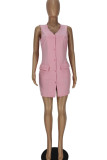 Pink Casual Solid Patchwork Pocket Buckle V Neck One Step Skirt Dresses