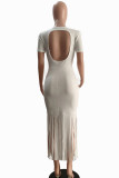 White Sexy Casual Solid Tassel Hollowed Out Backless V Neck Short Sleeve Dress