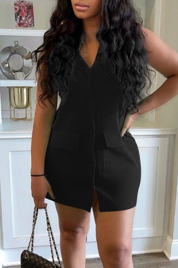 Black Casual Solid Patchwork Pocket Buckle V Neck One Step Skirt Dresses