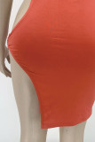 Blue Sexy Solid Hollowed Out Patchwork Oblique Collar Pencil Skirt Dresses