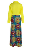 Yellow Fashion Casual Print Split Joint Turndown Collar Long Sleeve Dresses