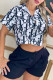 Deep Blue Fashion Casual Print Letter Hooded Collar Short Sleeve Two Pieces
