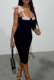 Black Sexy Solid Frenulum With Bow Spaghetti Strap Pencil Skirt Dresses