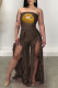 Coffee Sexy Print Flounce Strapless Boot Cut Jumpsuits