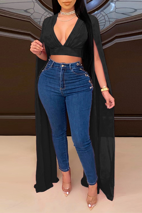 Black Casual Solid Patchwork V Neck Tops