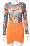 Rose Red Sexy Print Patchwork O Neck Long Sleeve Two Pieces