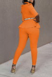 Tangerine Red Casual Solid Flounce V Neck Long Sleeve Two Pieces without Belt