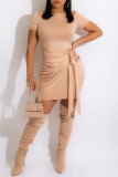 Apricot Sexy Solid Bandage Split Joint Fold O Neck Pencil Skirt Dresses
