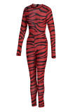 Red Fashion Sexy Print See-through O Neck Skinny Jumpsuits